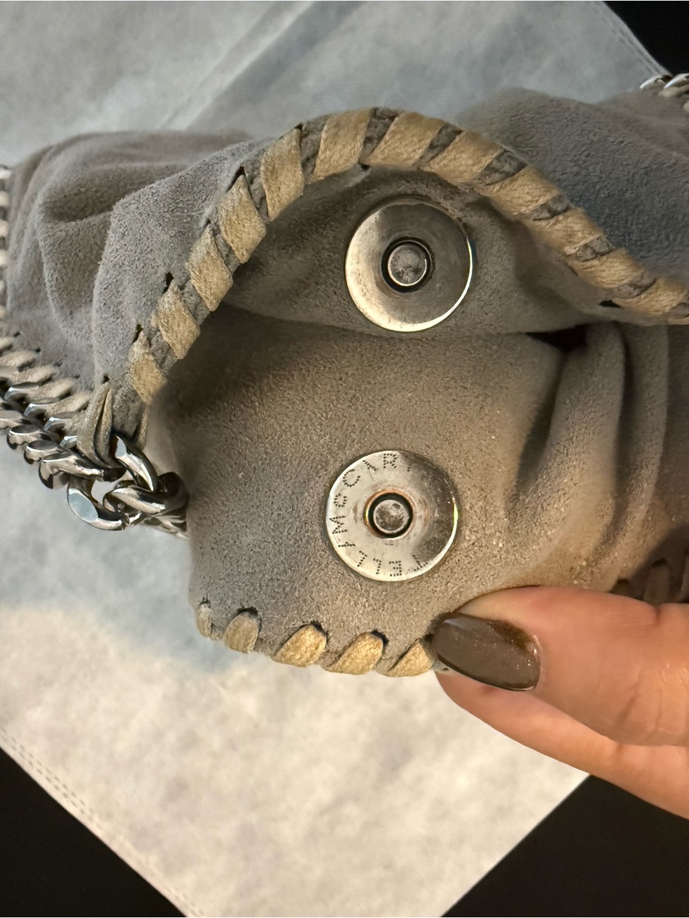 Authentic Stella McCartney Taupe Suede Whipstitch Shoulder Bag W/ Gunmetal chain - Picture 8 of 9